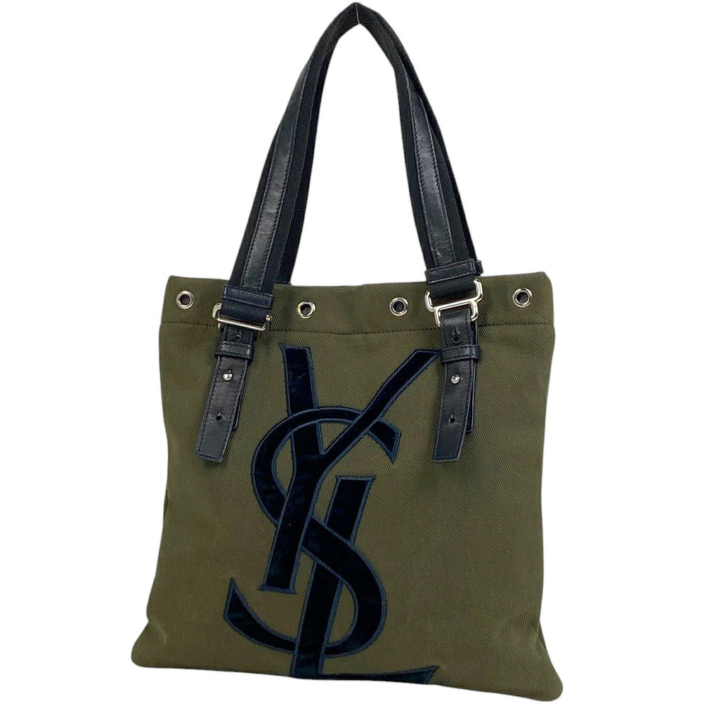 Saint Laurent Yves Kahala Tote Bag Handbag Khaki Green Canvas Green Beige Cream